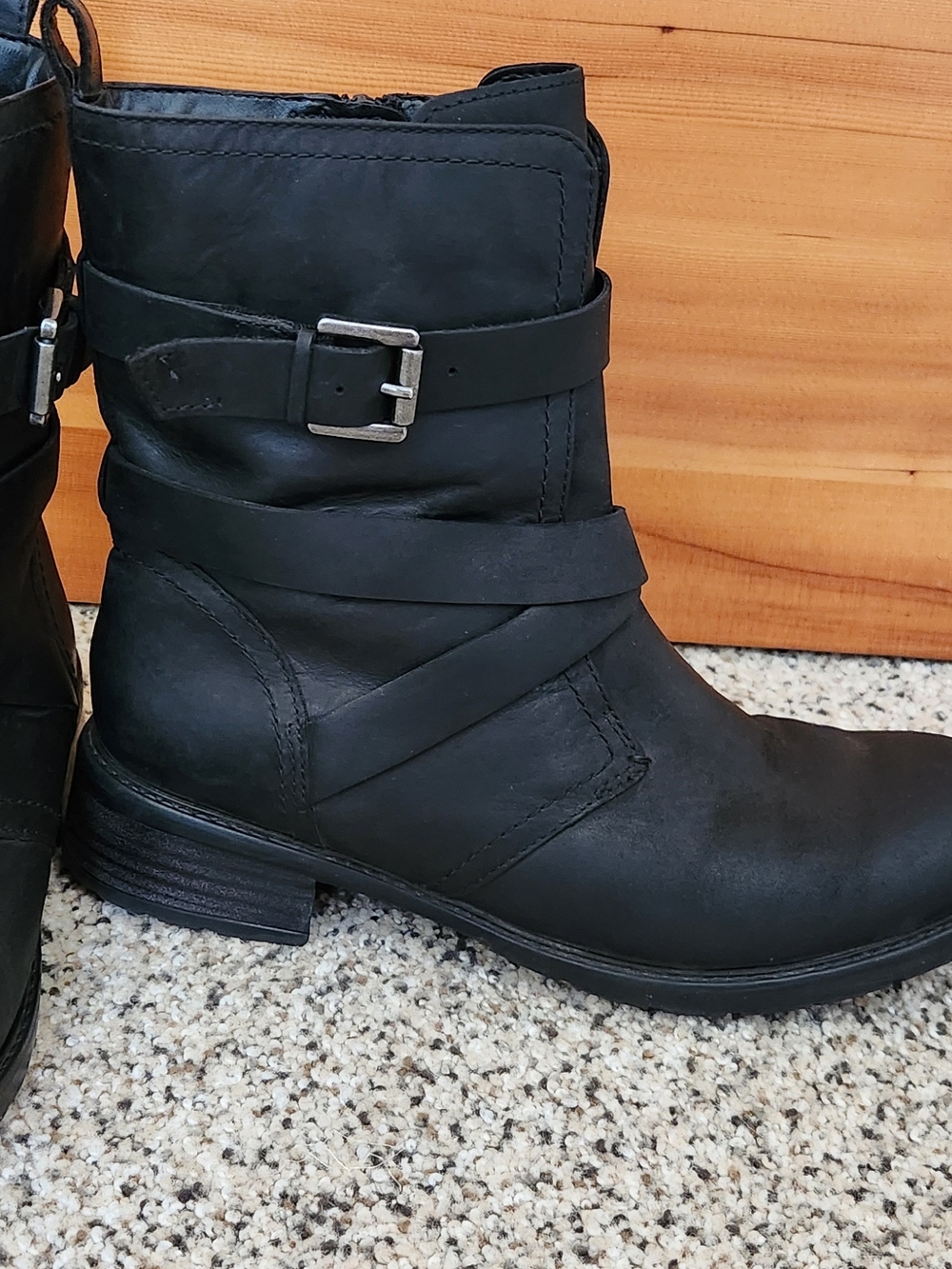 Clarks Black Leather Moto Buckle Ankle Boots - Women